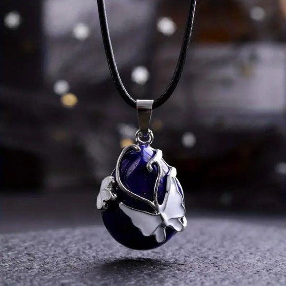 Lapis Lazuli Butterfly Pattern Water Drop Natural Stone Pendant Necklace - Picture 2 of 2